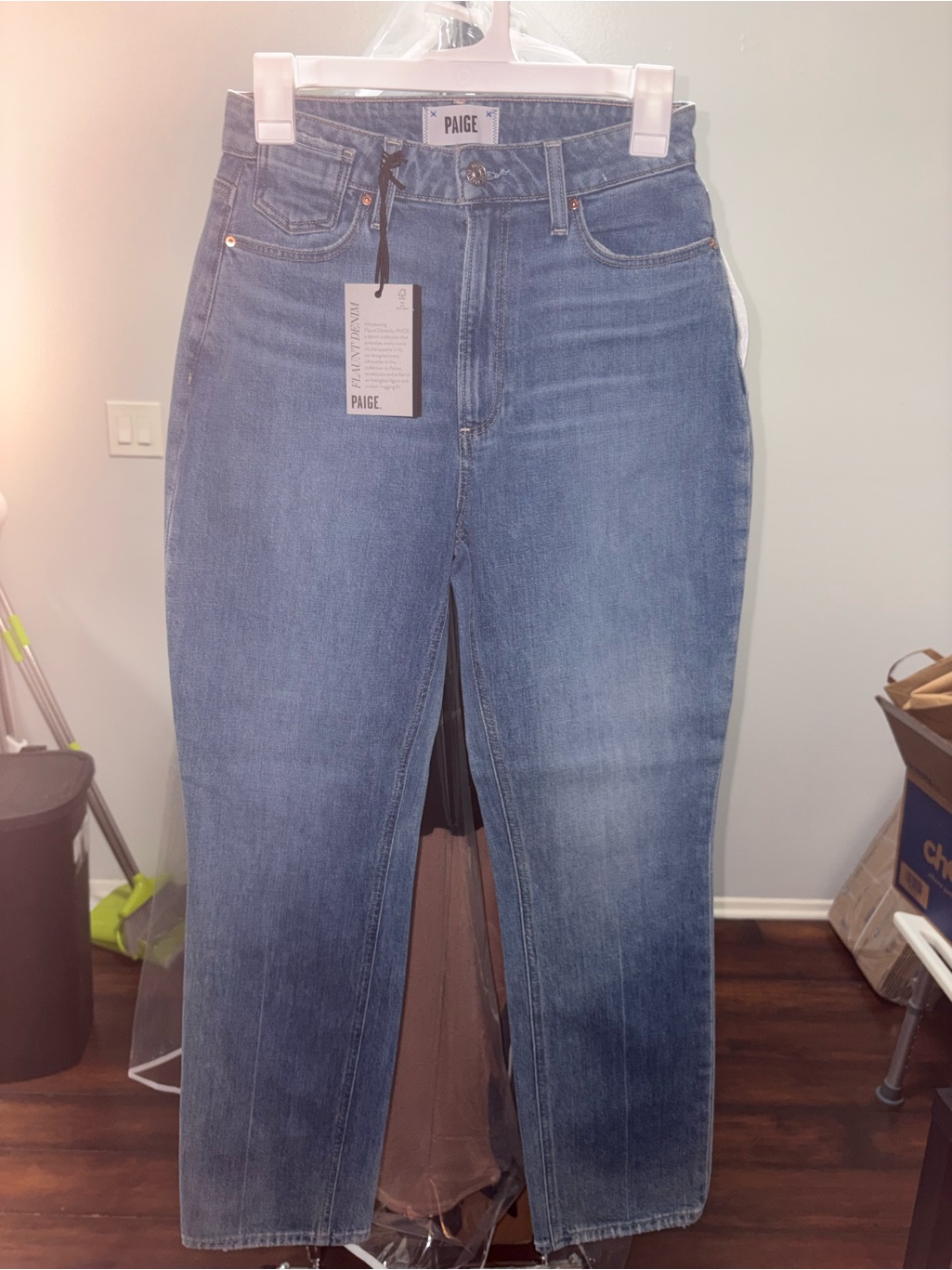 Paige Knockout Offset Straight Leg Jeans In Medium Blue Wash